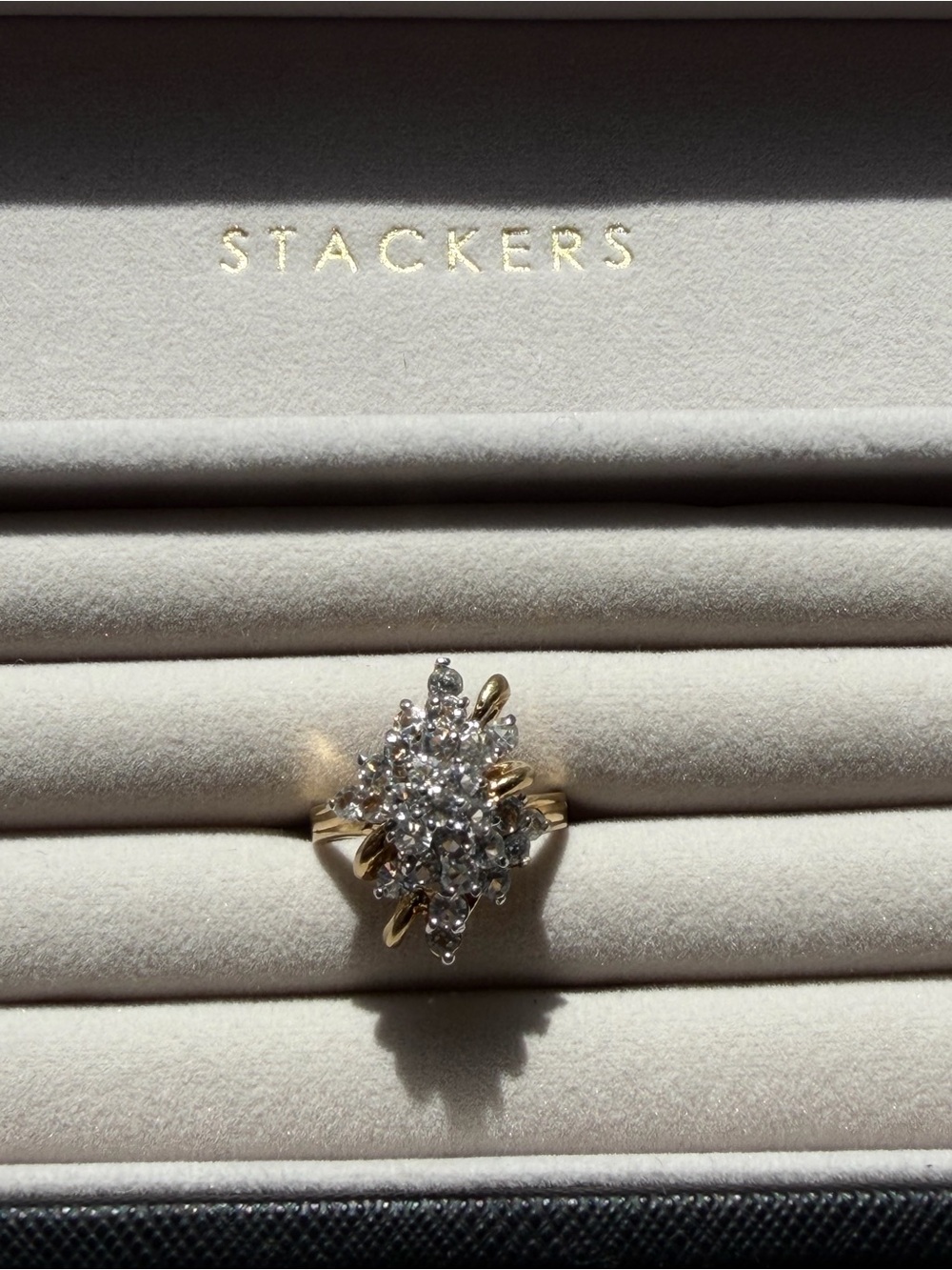 Vintage Signed Park Lane Waterfall Cluster Cocktail Ring - Gold Tone CZ